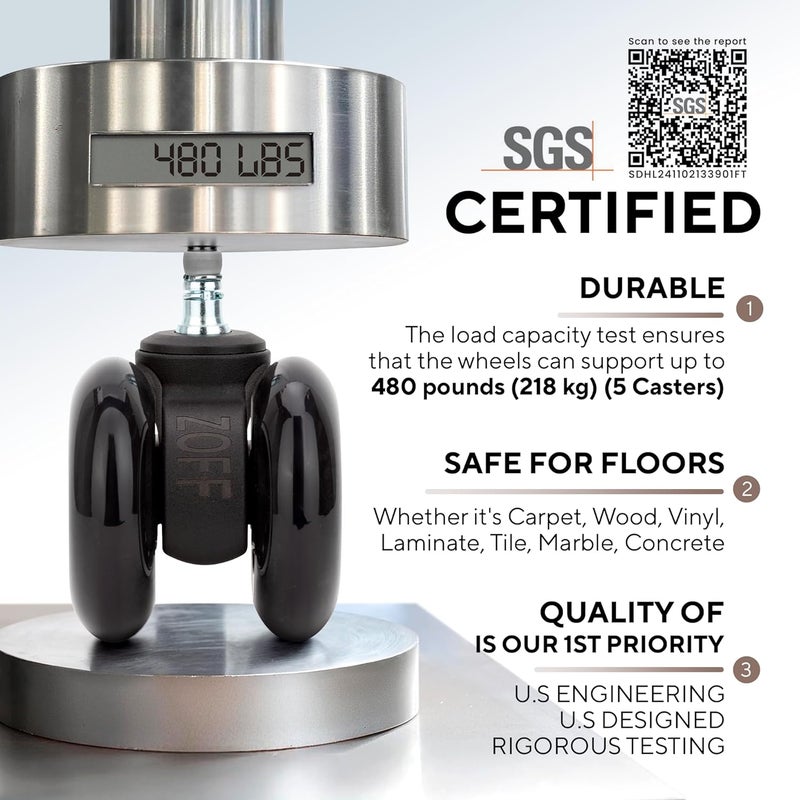 ZOFF Double Rollerblade Office Chair Wheels - 3 inch - Replacement Rubber Chair Casters - Smooth & Quiet Rolling - Easy Installation - Safe for Hardwood Floors & Carpet - Universal Fit - Set of 5 - Image 4